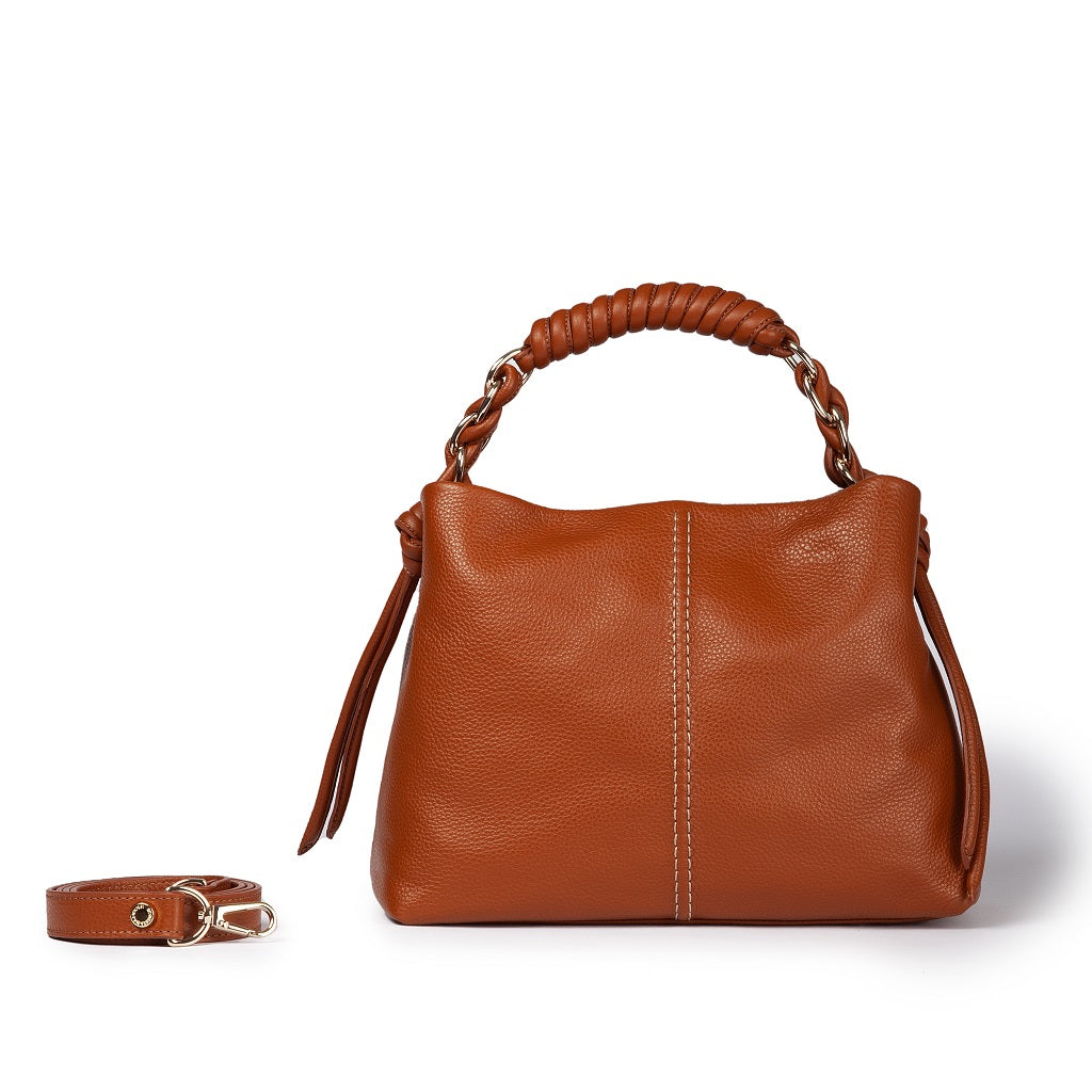 Brown leather handbag with detachable strap and braided handle
