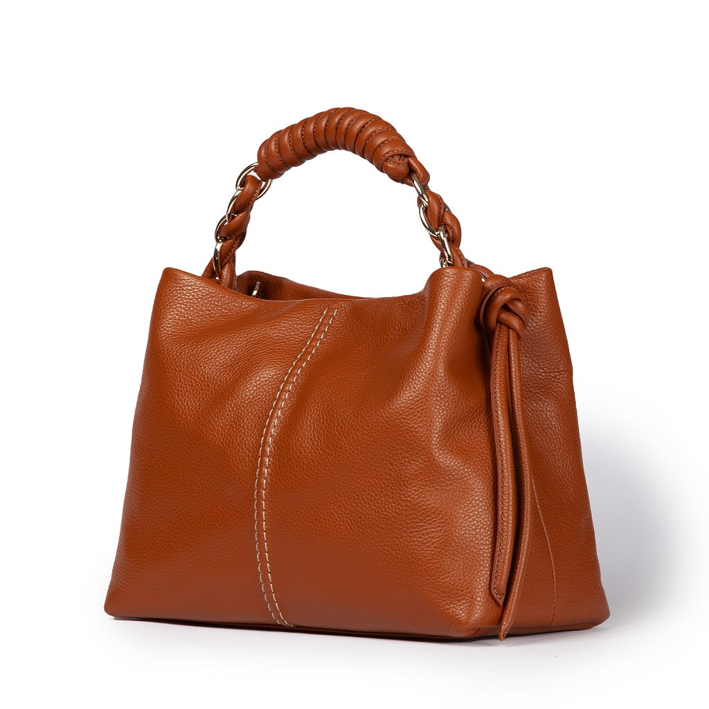 Amina small leather handbag with wrapped tubular handle and detachable shoulder strap