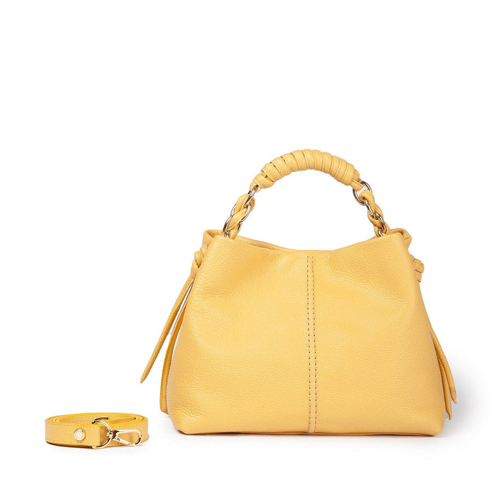 Yellow leather handbag with braided handle and detachable strap