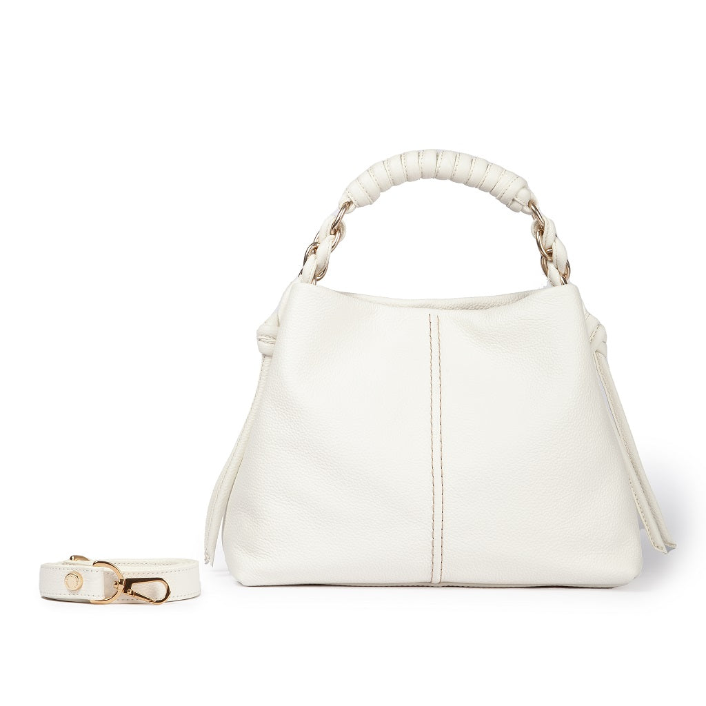 White leather handbag with braided handle and detachable strap