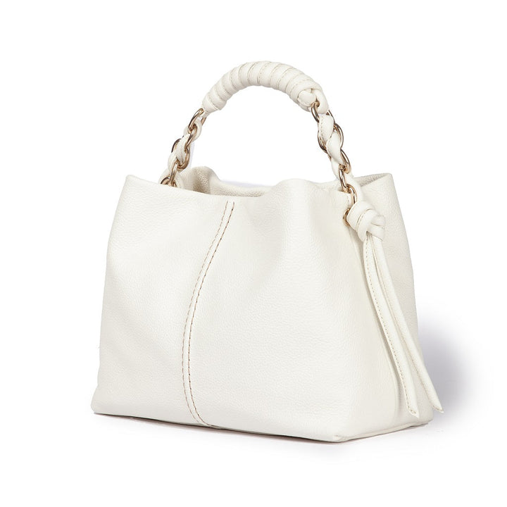 White leather handbag with twisted handle and gold chain accents