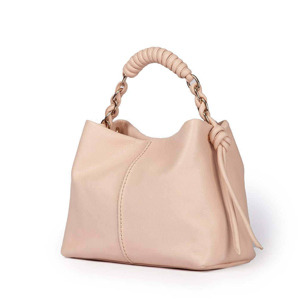 Amina small leather handbag with wrapped tubular handle and detachable shoulder strap