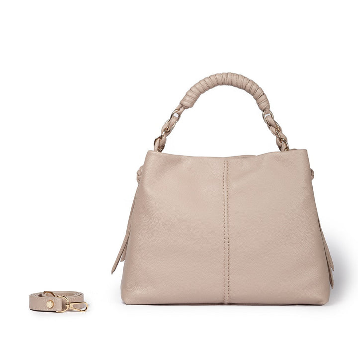 Beige leather handbag with braided handle and detachable strap