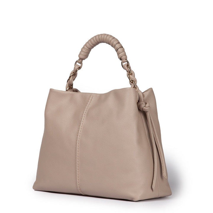 Beige leather handbag with braided handle and side knot detailing