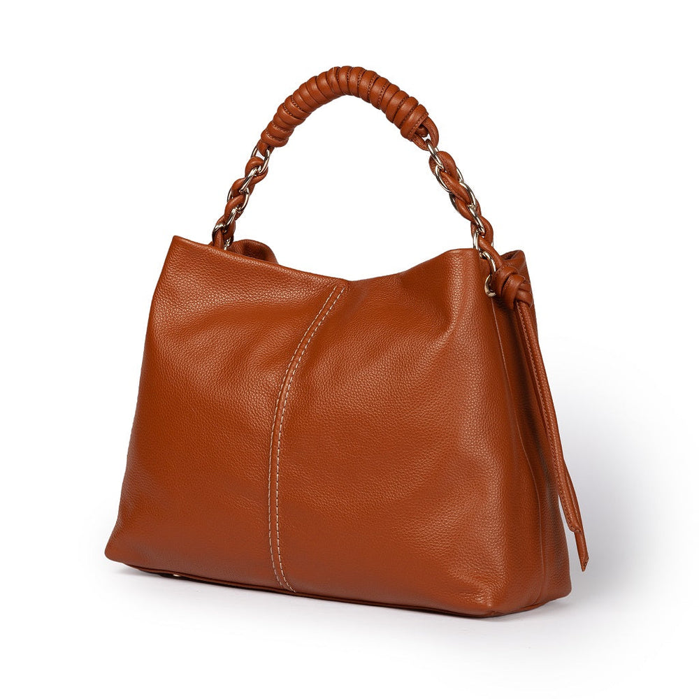 Brown leather handbag with braided handle