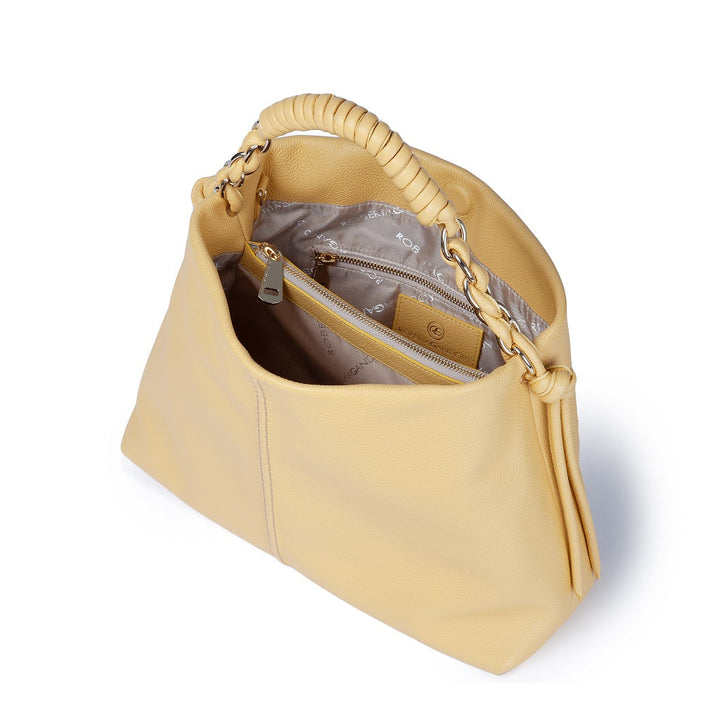 Yellow leather handbag with a braided handle, open to show interior pockets and zippers