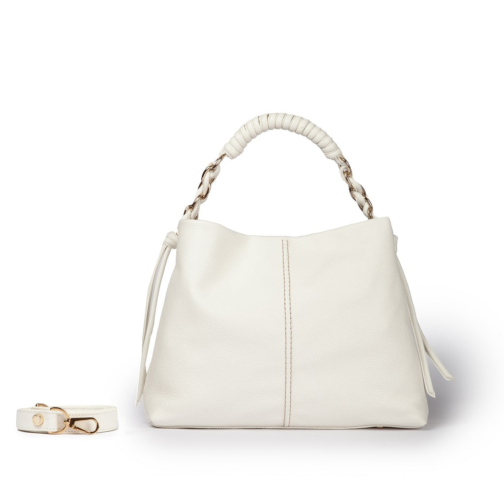 White leather handbag with braided handle and removable strap