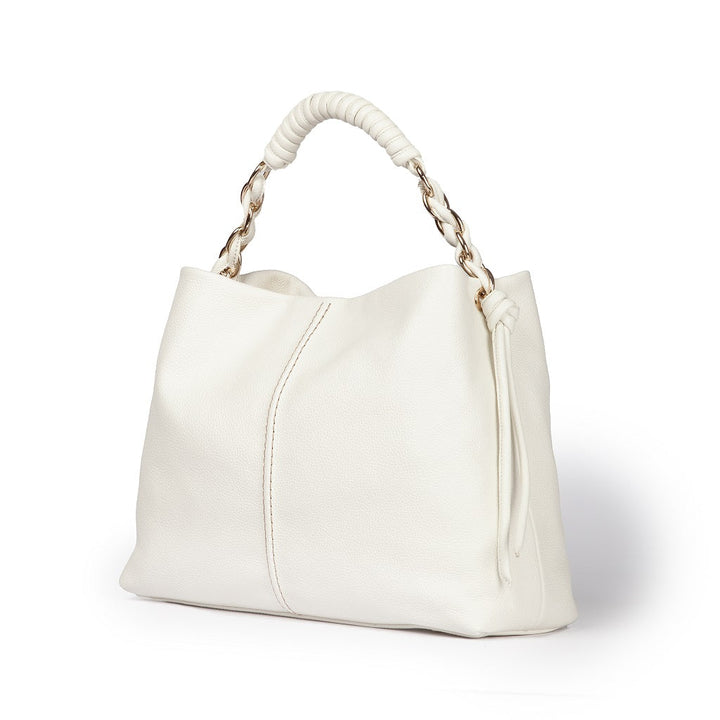 White leather handbag with twisted rope handle and gold chain accents