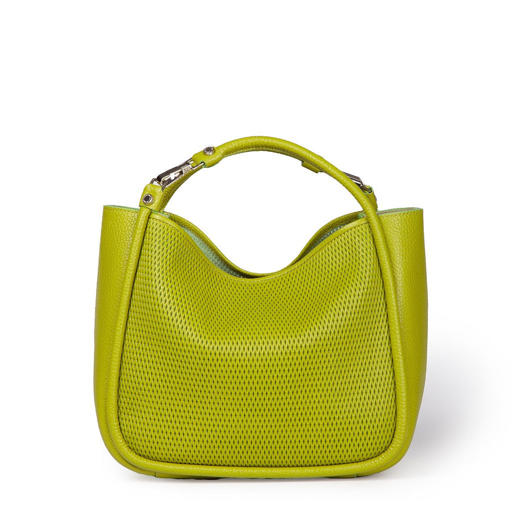 Green women's handbag with mesh detailing and curved handle