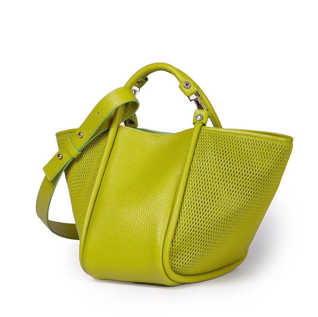 Bright green leather handbag with adjustable strap and unique mesh detailing