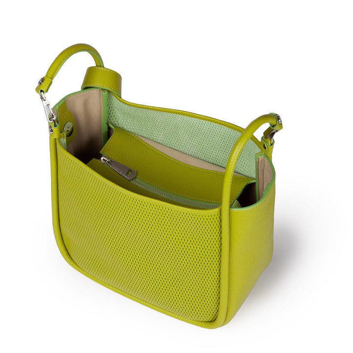 Green leather shoulder bag with open compartments and silver hardware