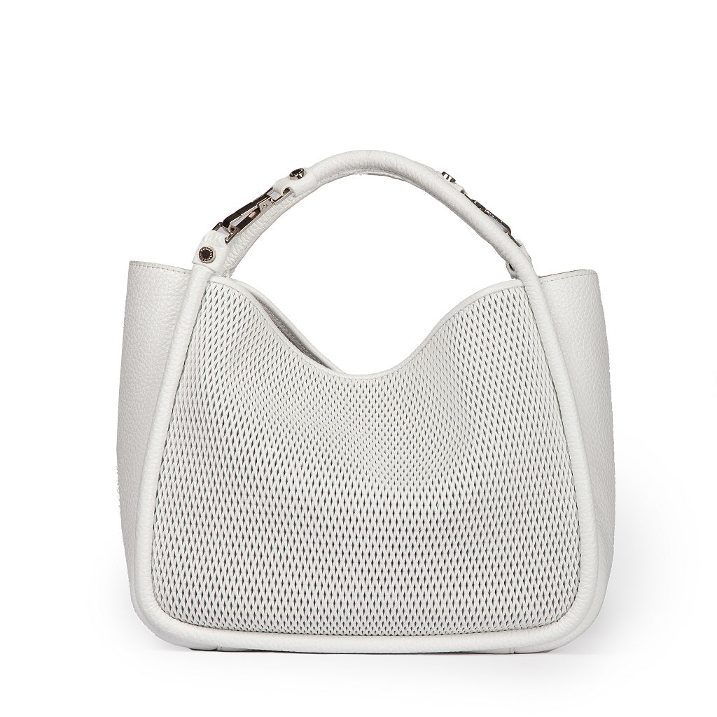 White designer handbag with textured front and curved handle