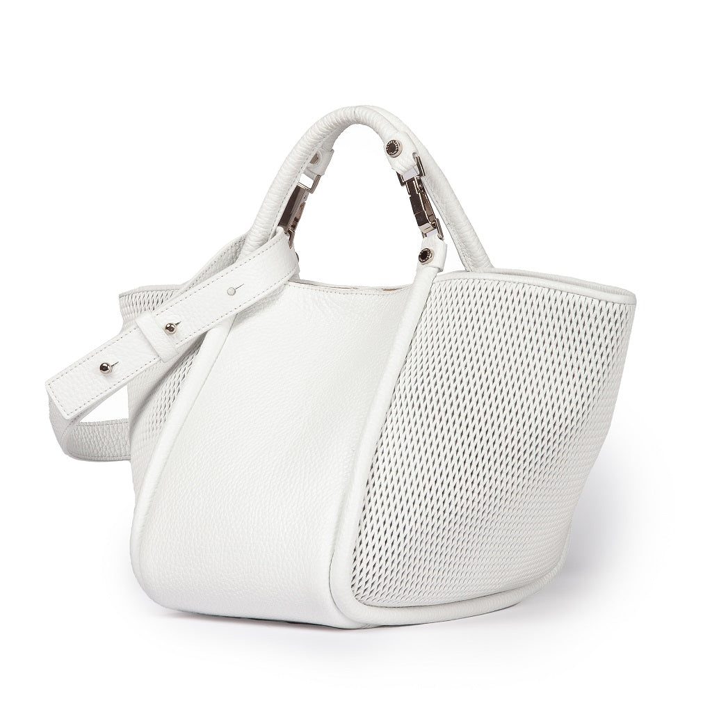 White designer handbag with mesh sides and a top handle