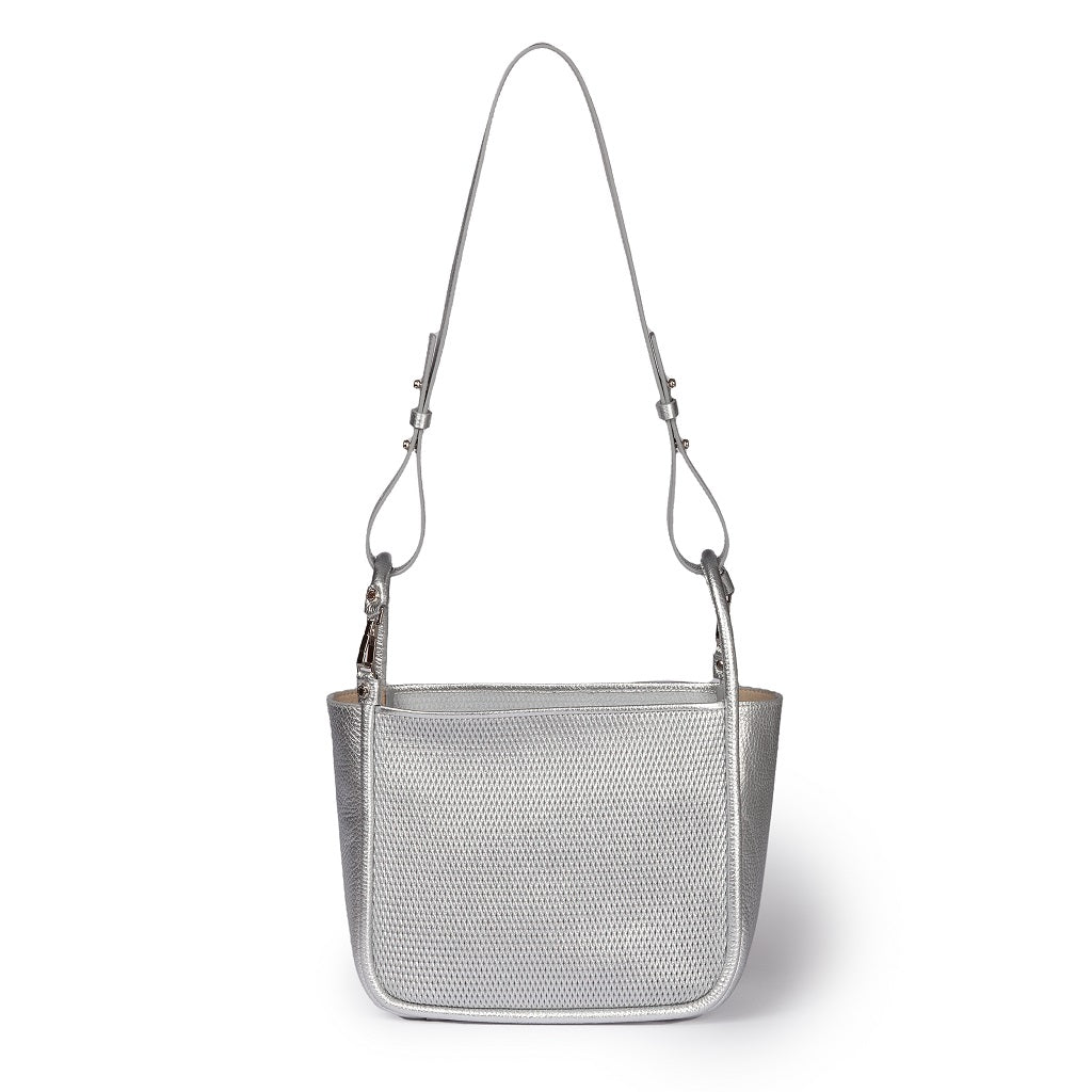 Silver textured handbag with shoulder strap