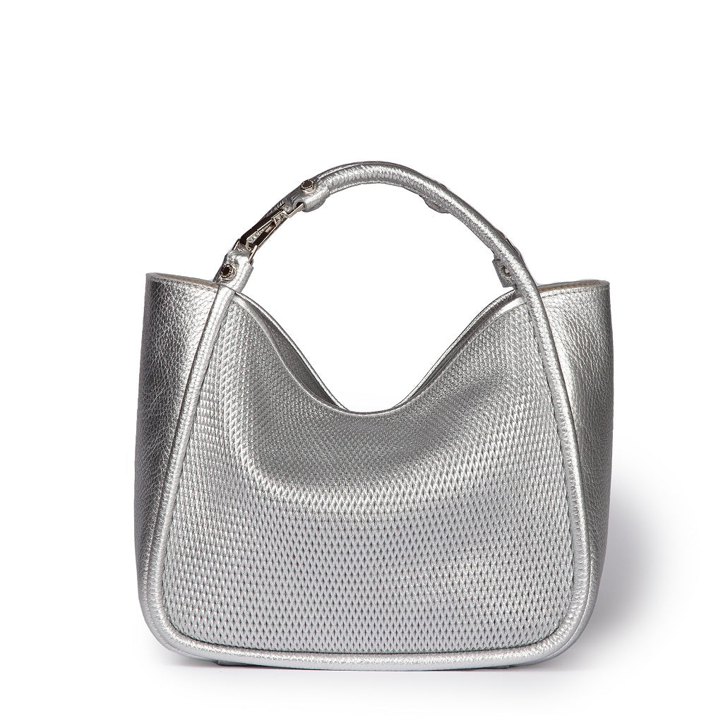 Silver metallic handbag with textured finish and curved handle