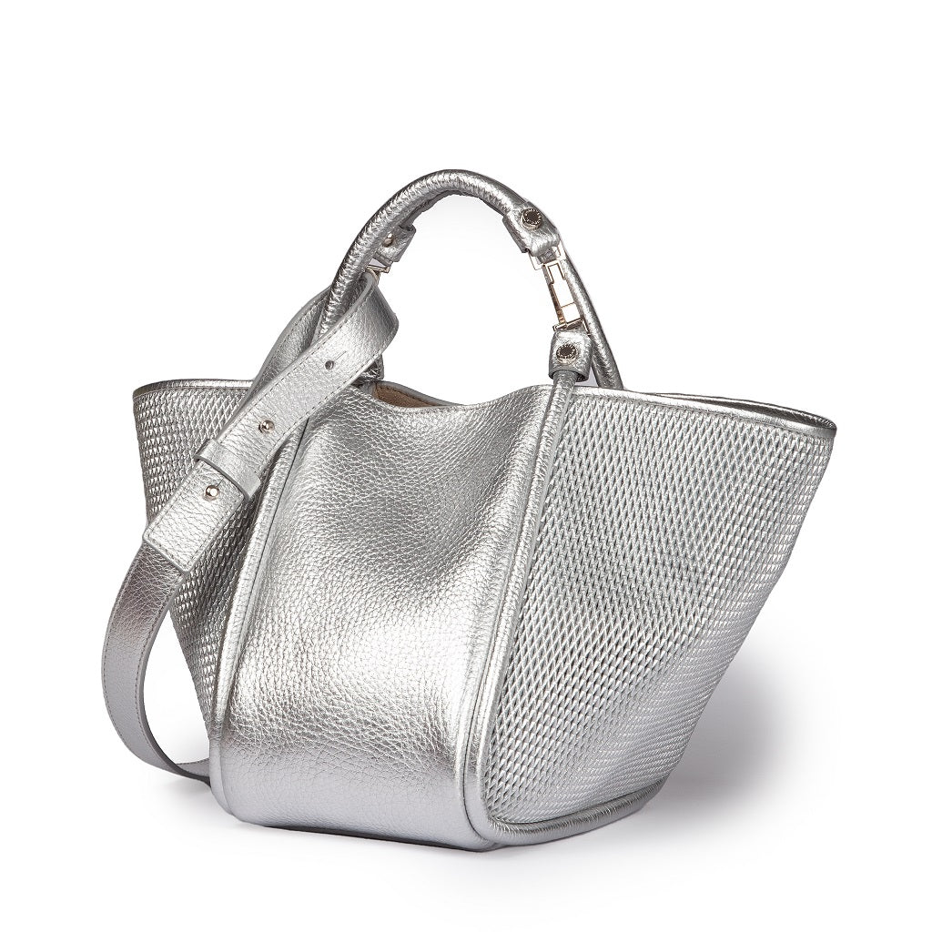 Silver textured handbag with shoulder strap