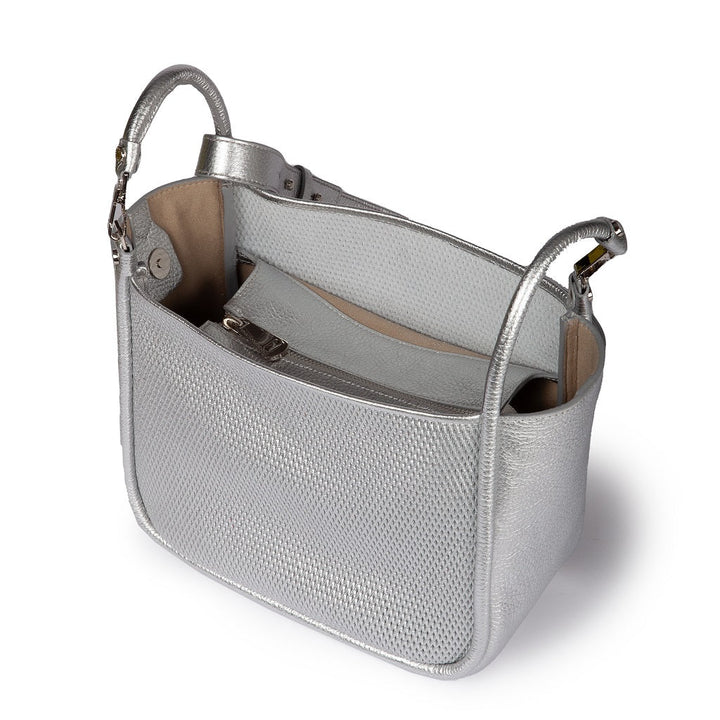 Silver designer handbag with textured pattern and open interior view