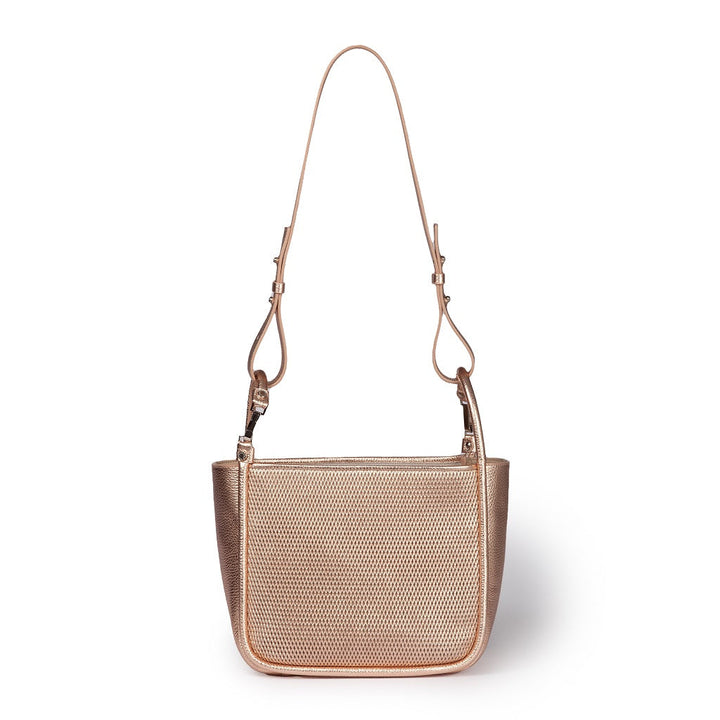 Gold metallic shoulder bag with a textured design and adjustable straps