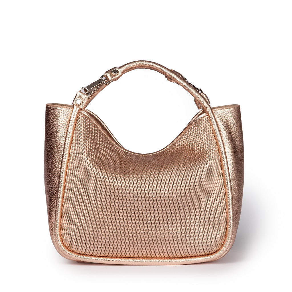 Gold metallic shoulder bag with textured design and curved handle