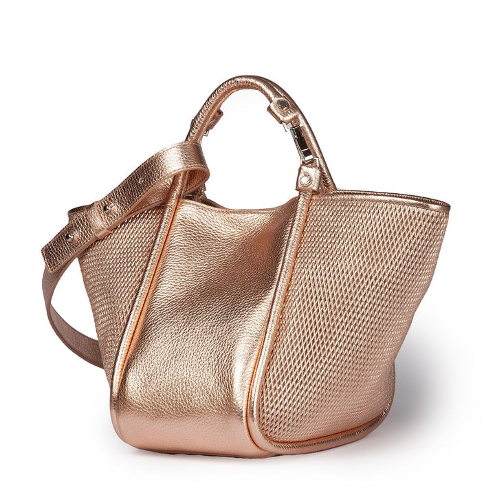 Rose gold textured leather handbag with shoulder strap