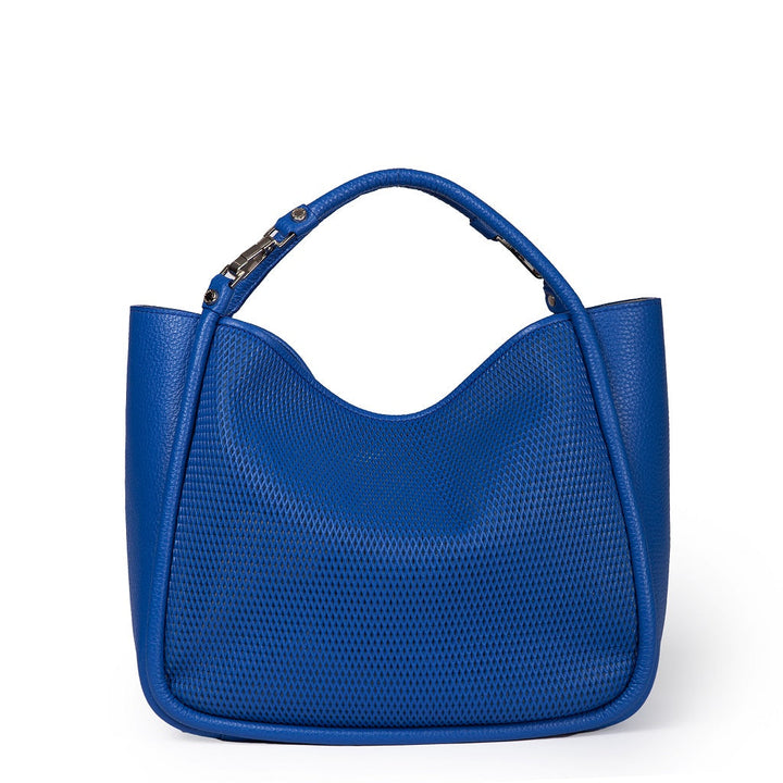 Blue leather handbag with textured pattern and a curved handle