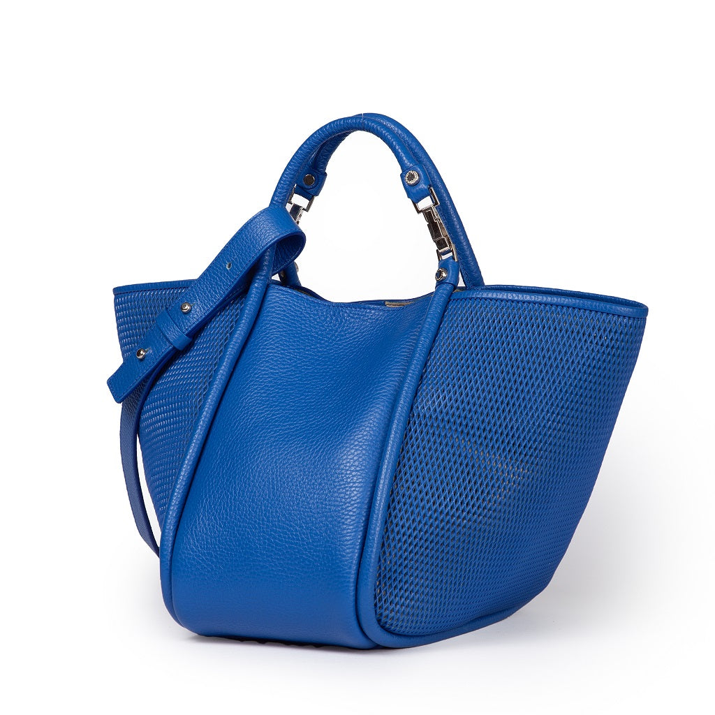 Blue leather handbag with woven texture and adjustable shoulder strap