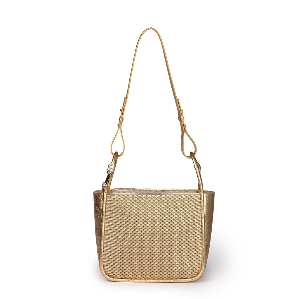 Gold metallic shoulder bag with textured design and adjustable strap