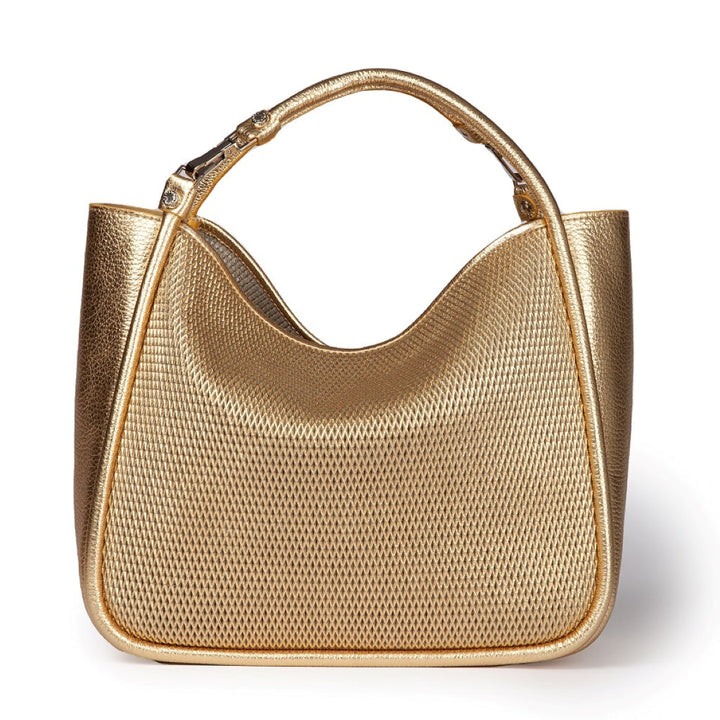 Gold designer handbag with textured, metallic finish and curved top handle