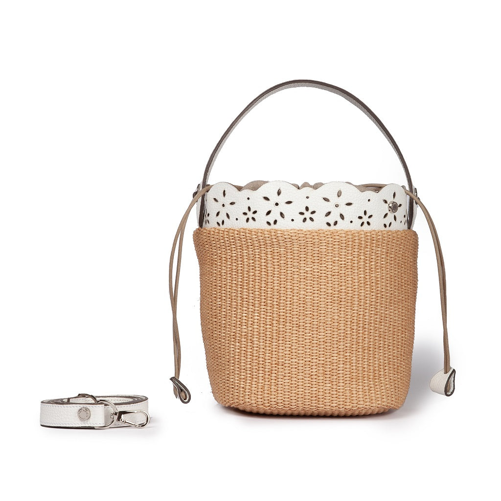 Stylish woven handbag with white floral-patterned lining and matching wallet