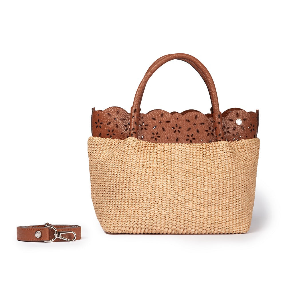 Tan woven handbag with brown leather detailing and detachable strap