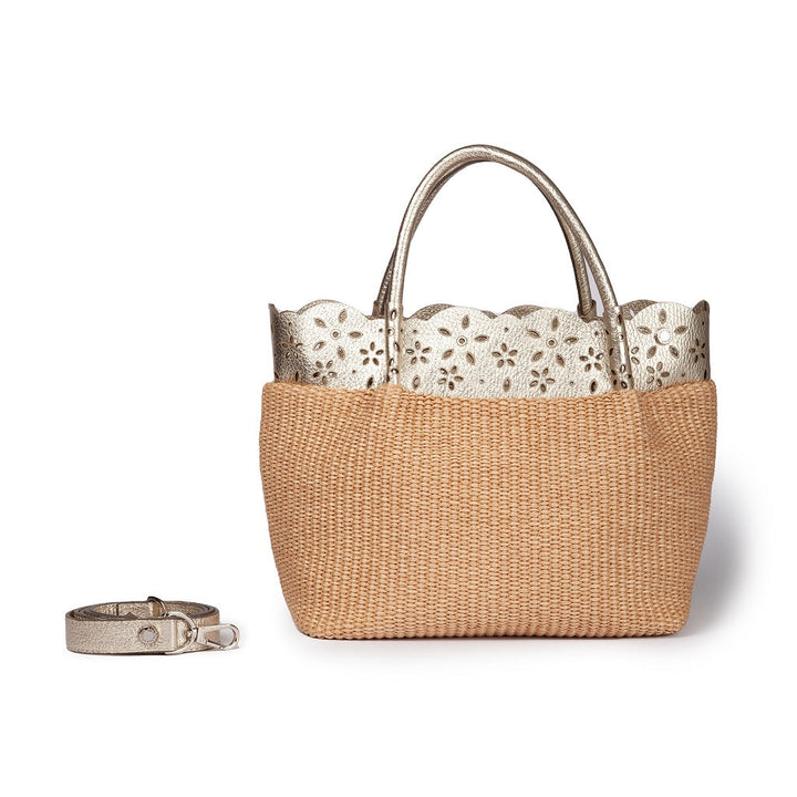 Beige woven handbag with lace detail and removable strap