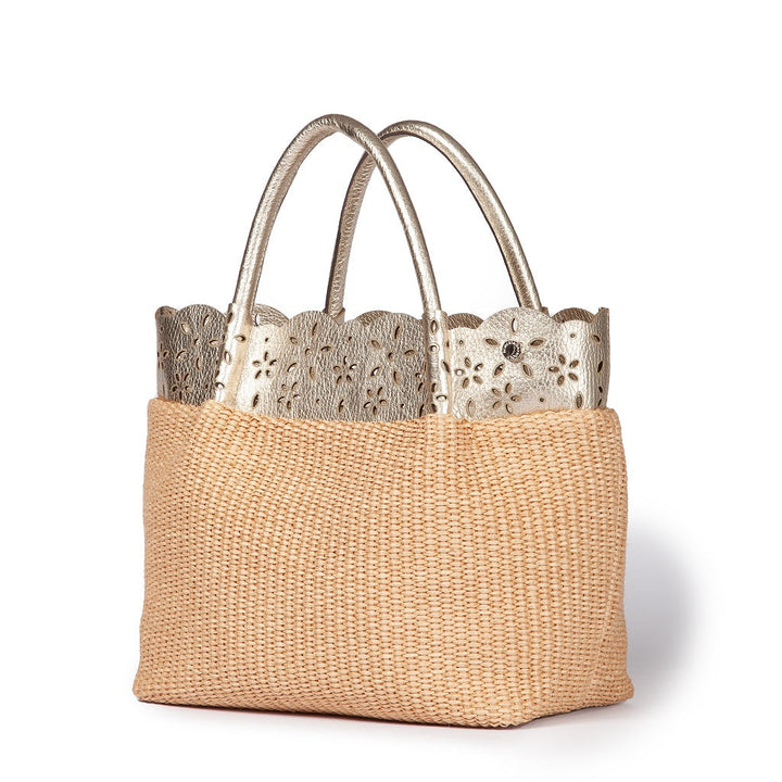 Beige woven tote bag with silver lace detail and dual handles