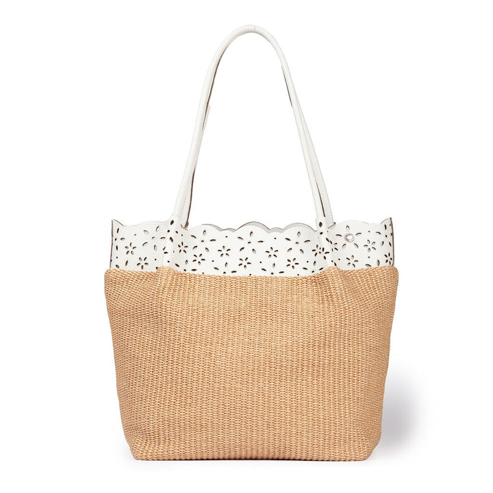 Tan and white scalloped edge woven tote bag