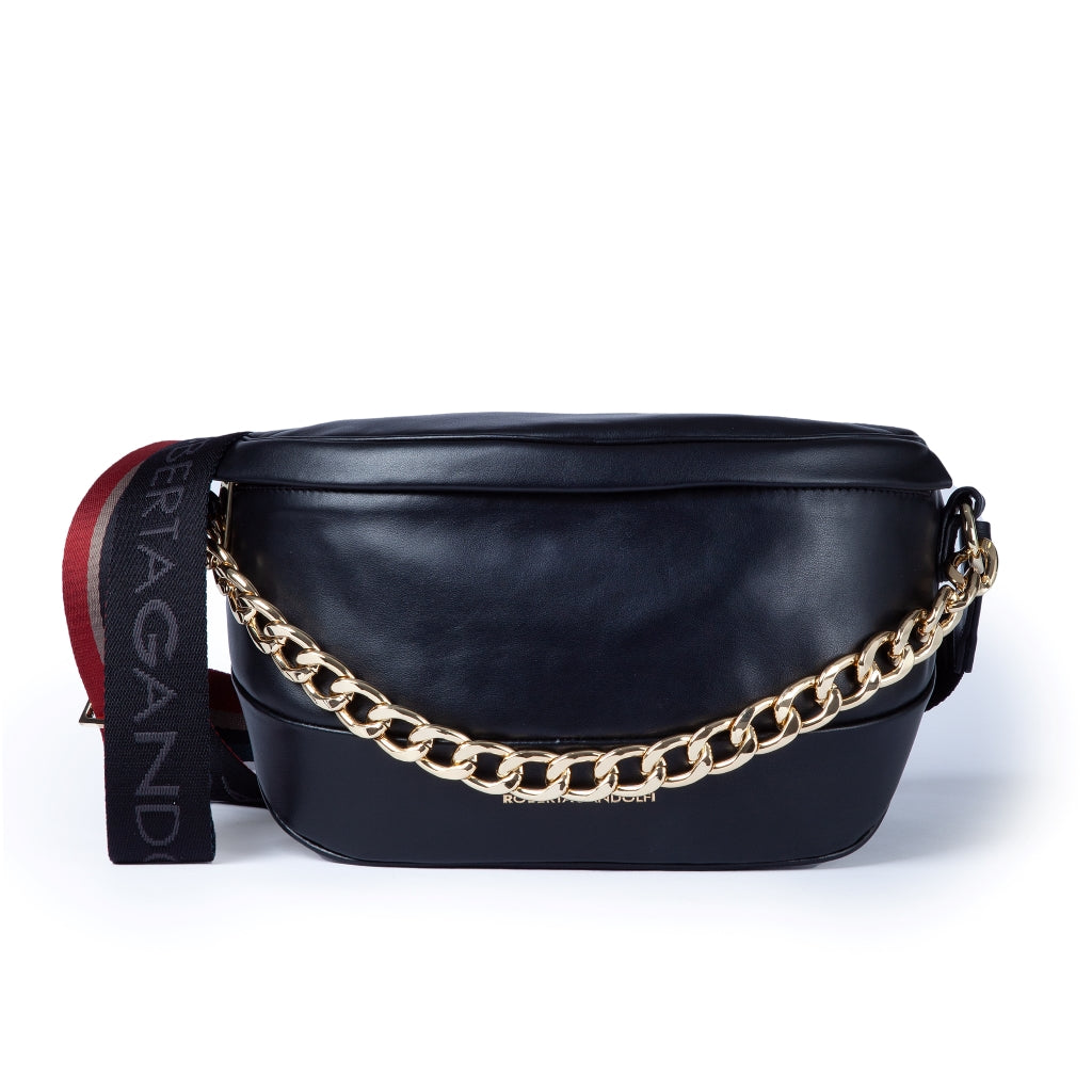 Stylish black leather crossbody bag with gold chain detail and branded strap