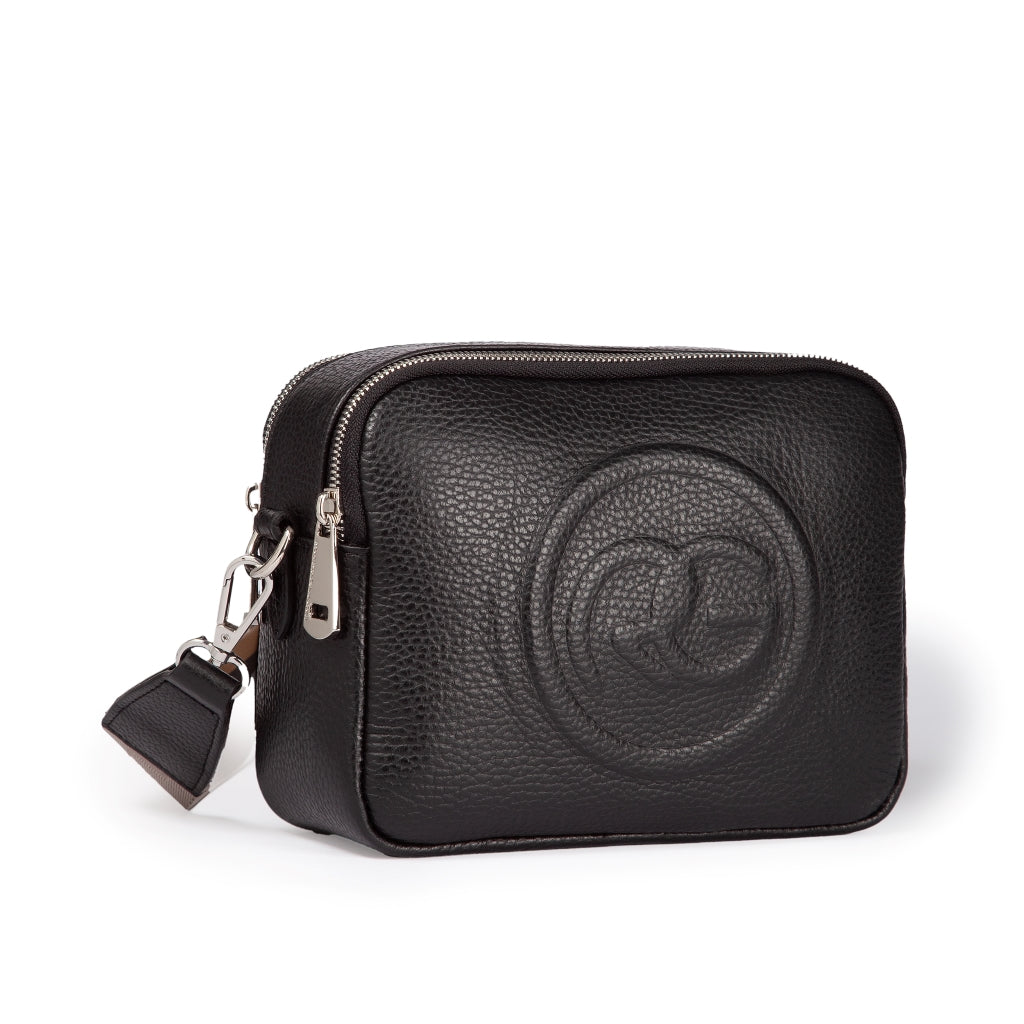 Black leather crossbody bag with embossed logo and silver zipper