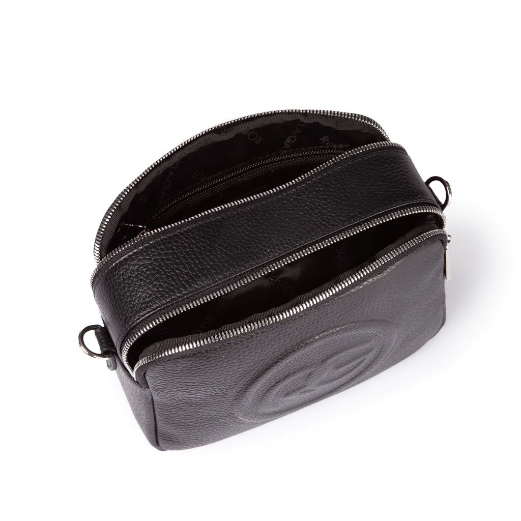 Black leather crossbody bag with double zipper compartments and embossed logo