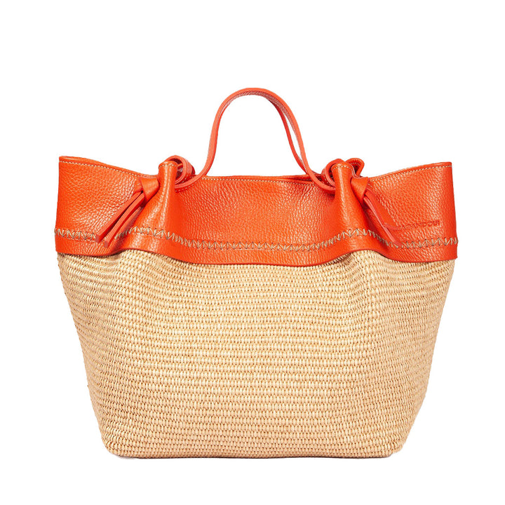 Orange-topped woven tote bag with handles