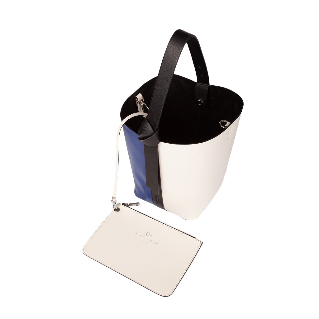 White and blue leather bucket bag with black handles and detachable pouch