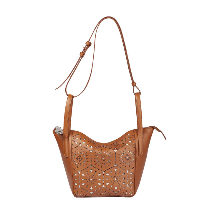 Brown leather handbag with intricate cut-out design and adjustable shoulder strap
