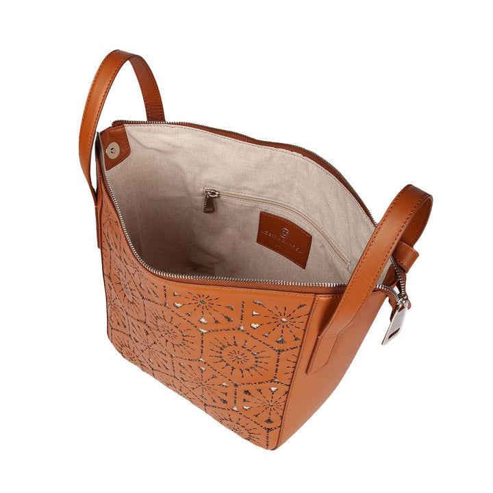 Brown leather tote bag with laser-cut geometric pattern and beige interior lining