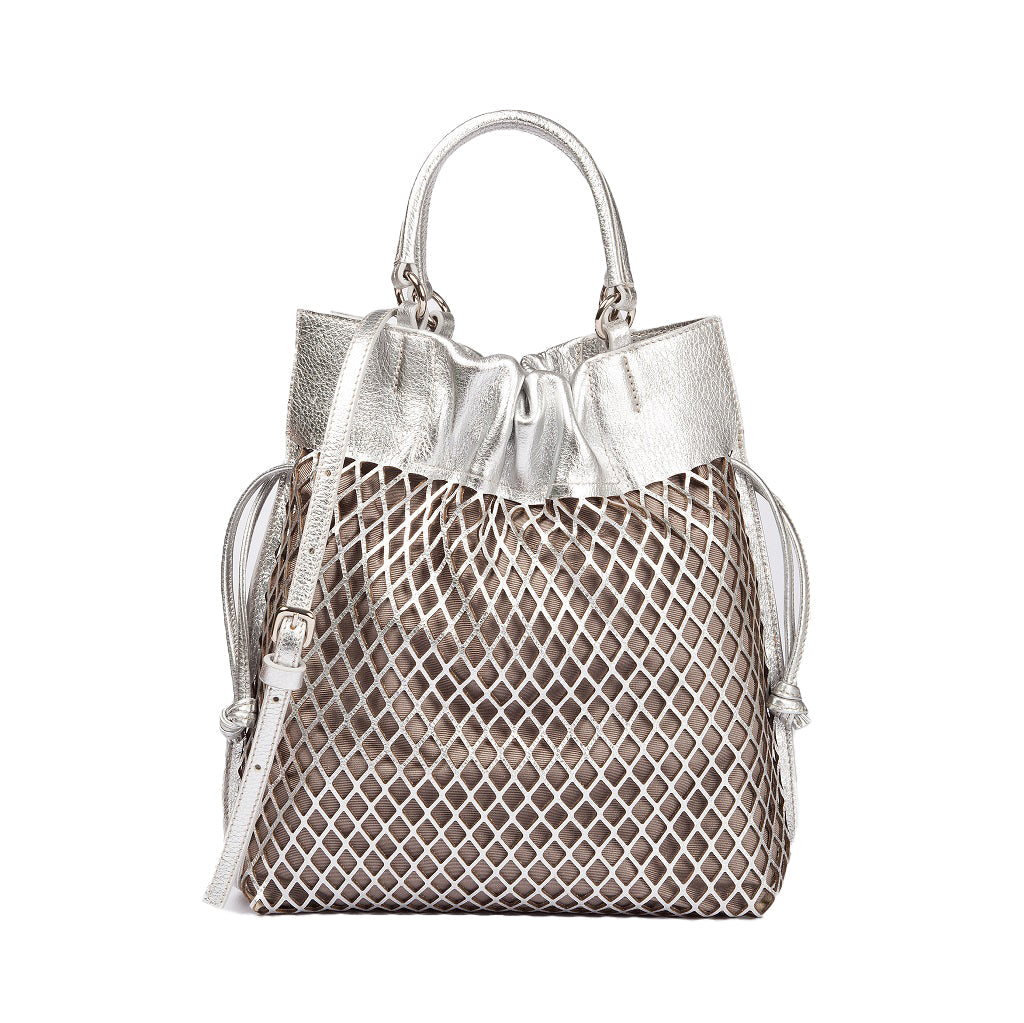 Silver mesh tote handbag with adjustable strap and drawstring closure