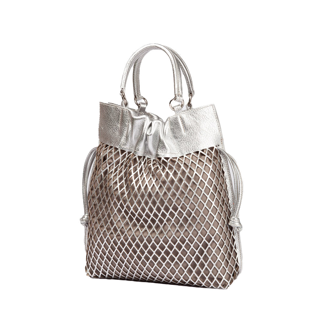 Silver mesh tote bag with leather handles and drawstring closure