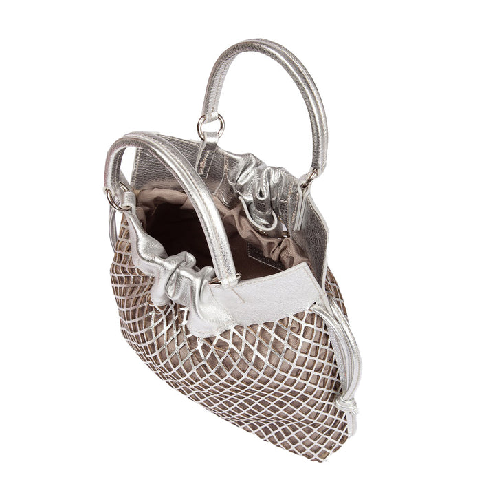 Silver mesh handbag with top handles and drawstring closure