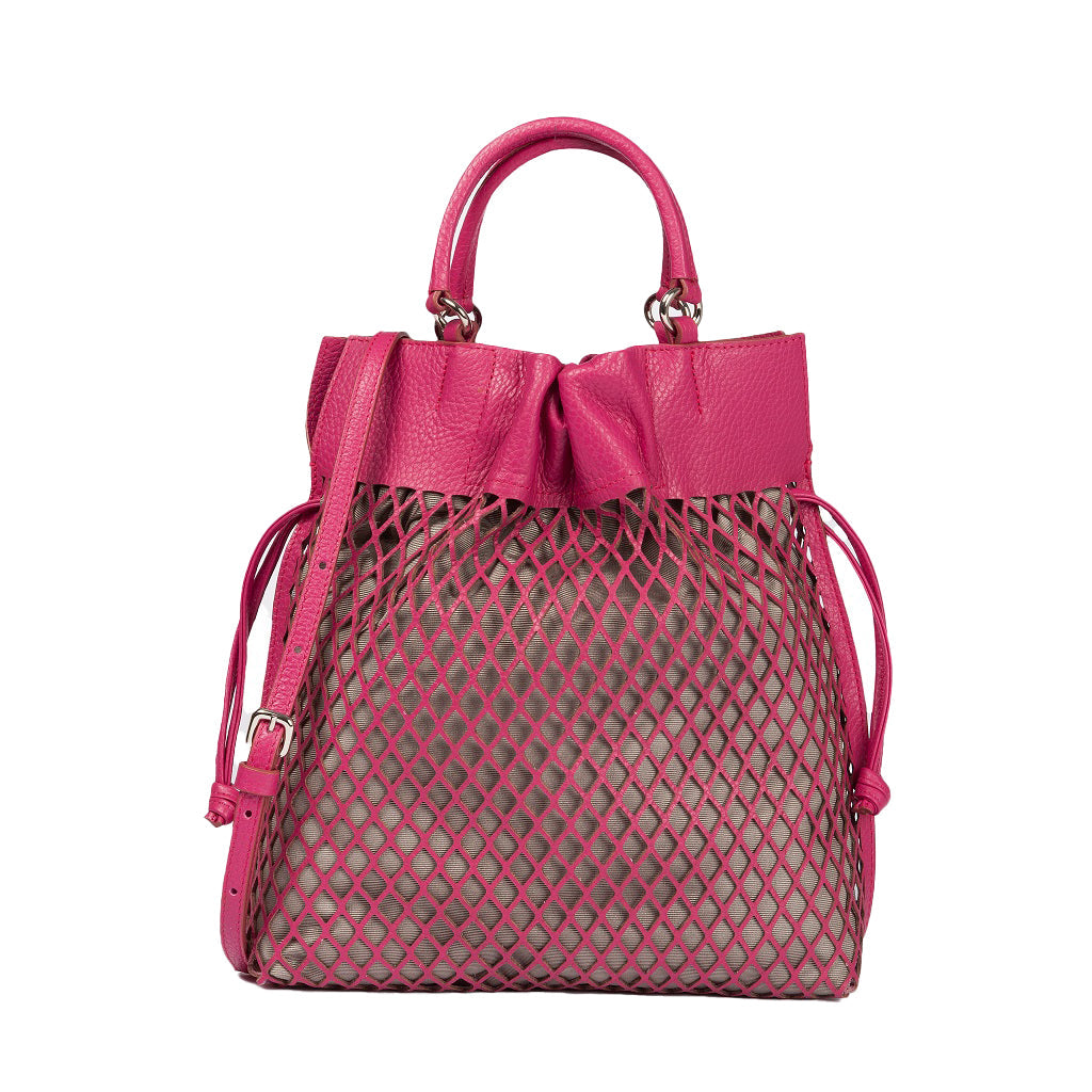 Pink leather handbag with netted design and adjustable strap