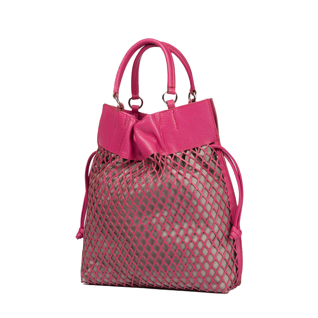 Pink leather handbag with mesh overlay and bow detail