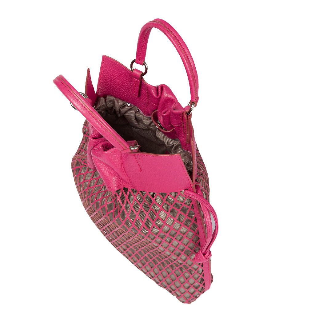 Bright pink leather handbag with a mesh design and open top view