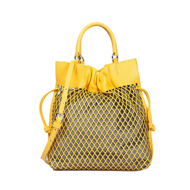 Yellow leather handbag with net overlay and adjustable strap