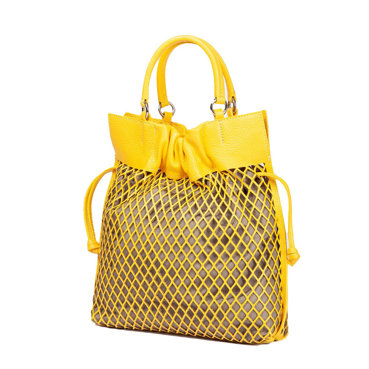 Yellow designer handbag with a netted pattern and bow detail