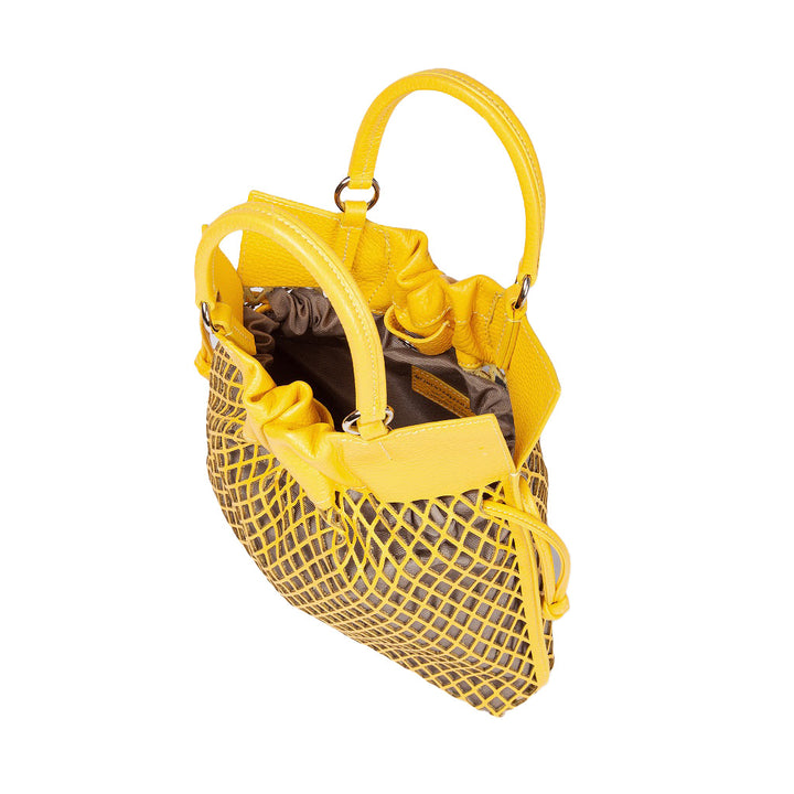 Yellow designer handbag with mesh detailing and dual handles