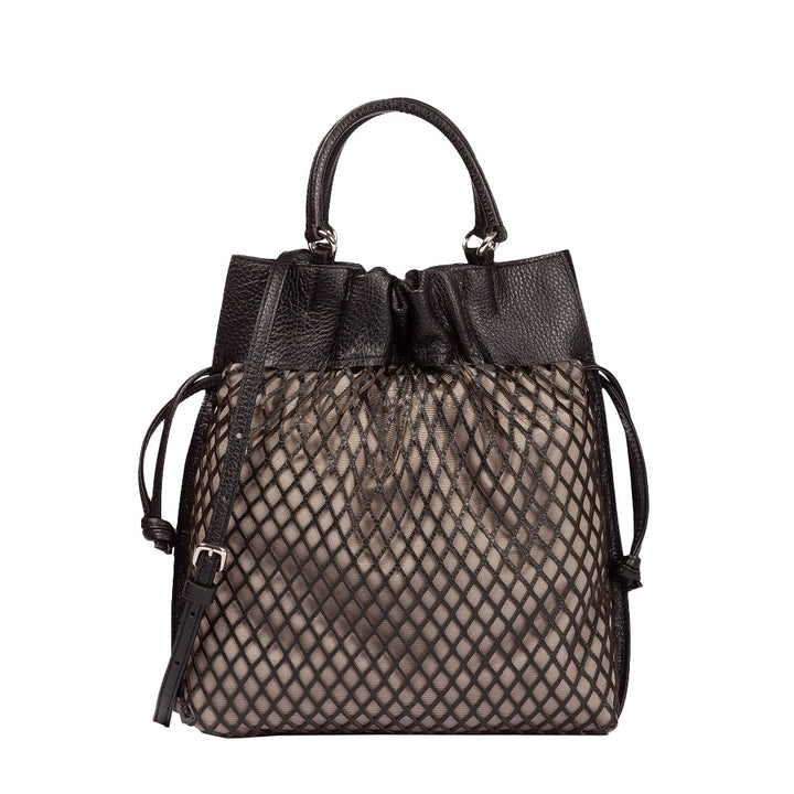 Chic black and tan lattice design handbag with leather accents and drawstring closure